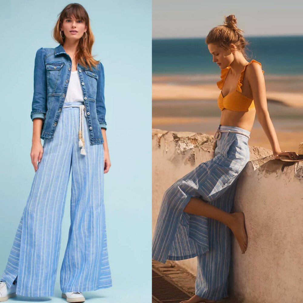 ett:twa by ANTHROPOLOGIE 100% Linen Sky Blue Flowy Pants Size 0 Boho Beach